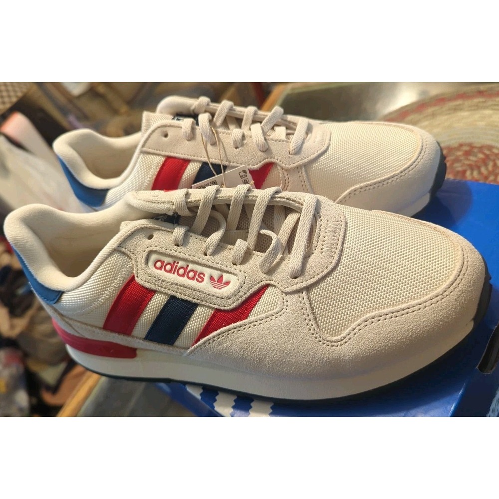 adidas Cream Athletic Sneakers with Red & Blue Stripes